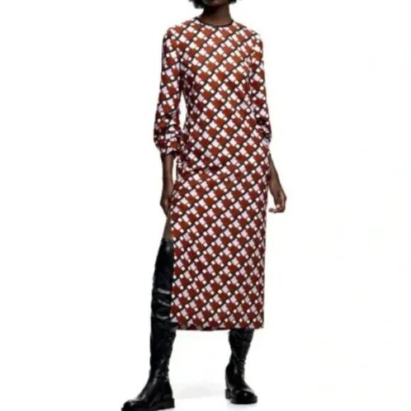 Zara Geometric Print Long Sleeve Midi Dress Modern Graphic Pattern Chic Fall - Picture 1 of 11